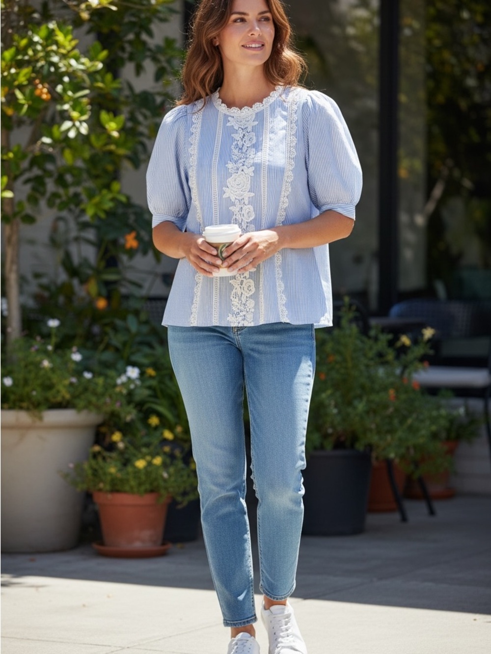 Blue Striped Lace-Trim Blouse